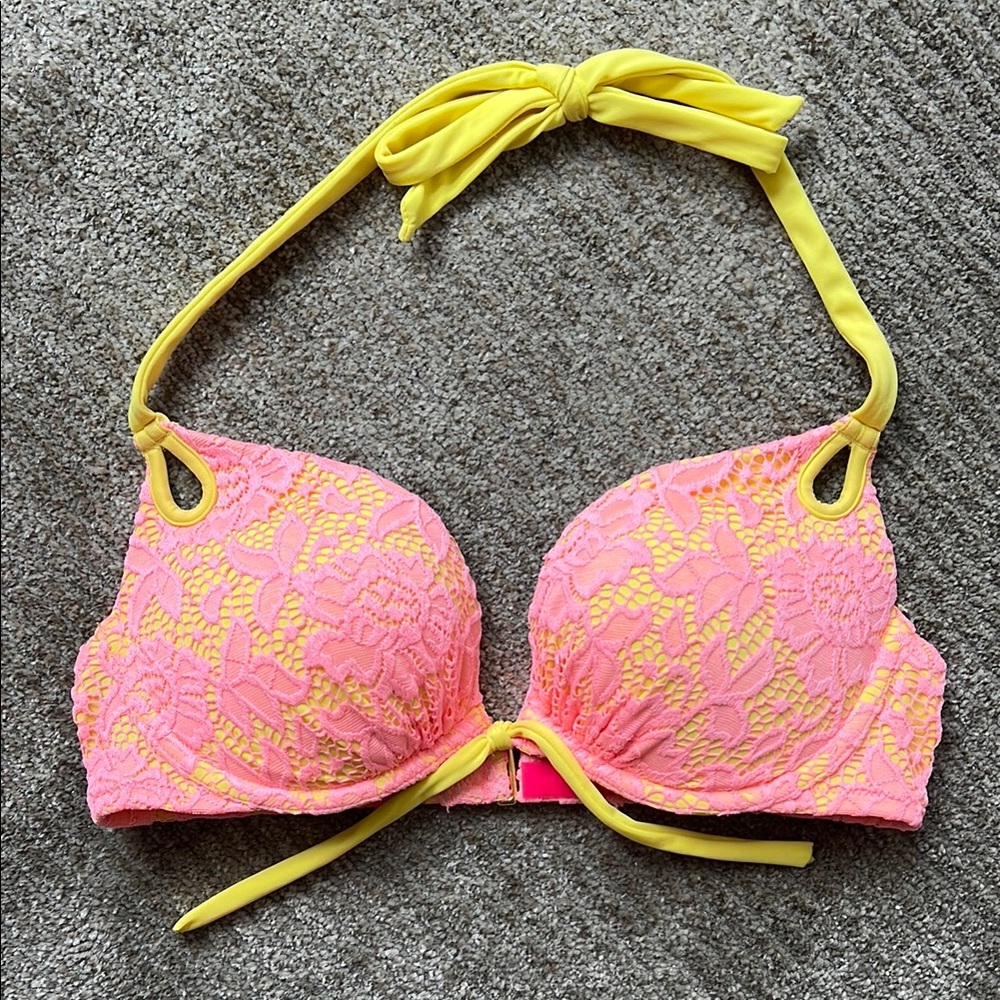 Victoria's Secret Pink and Yellow Lace Push-Up Bikini Top